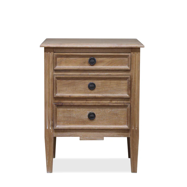 Antique Hamptons Bedside 3 Drawer Cabinet - Weathered Oak