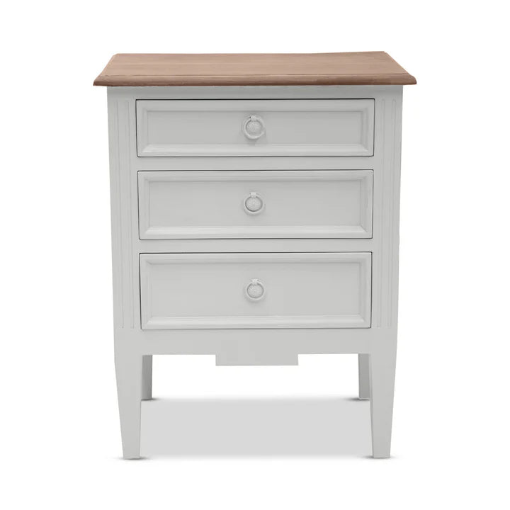 Antique Hamptons Bedside 3 Drawer Cabinet - White