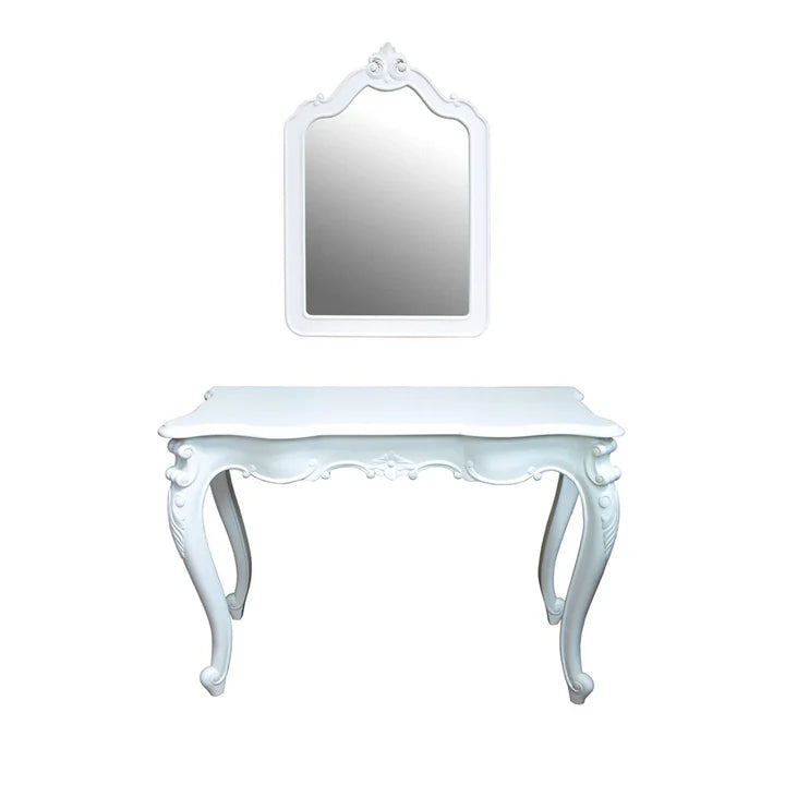 Antique White Carved Dressing Table & Mirror - White