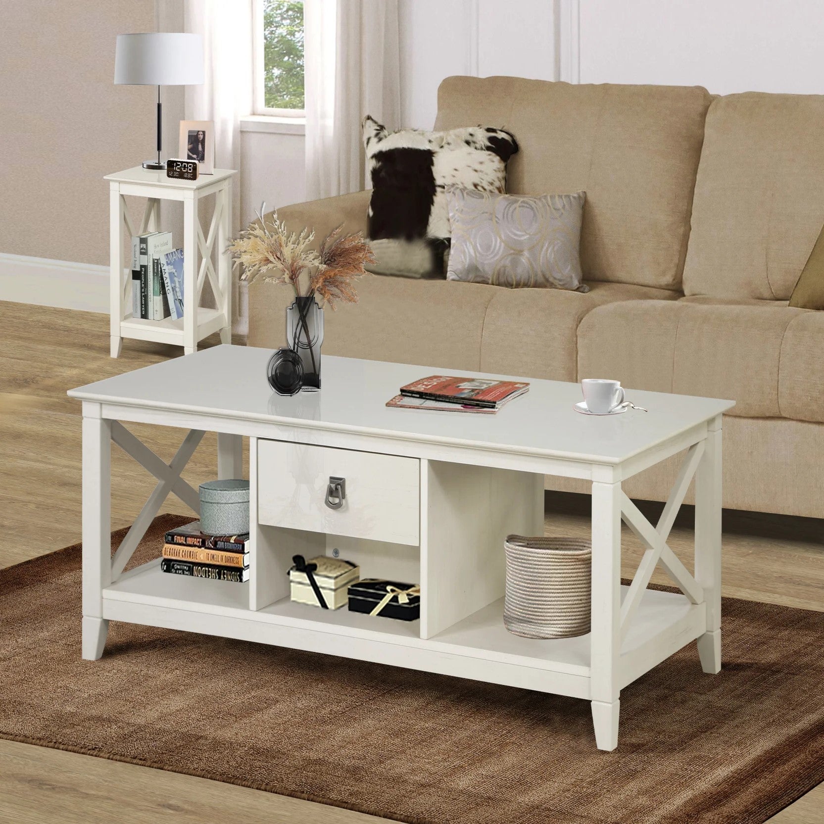 Vintage White Cross Design Engineered Wood Coffee Table