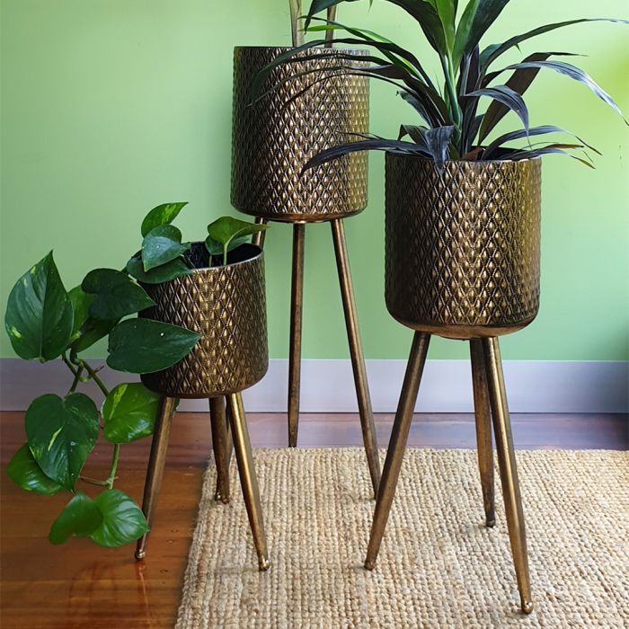 Armin Gold Washed Metal Planters with Tripod Stand Legs- Set of 3