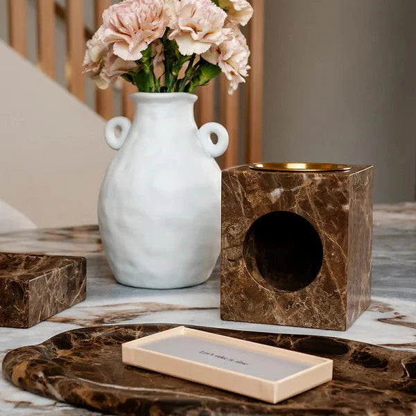 Aromatherapy Mika Tealight Oil Burner in Travertine - Dark Emperador