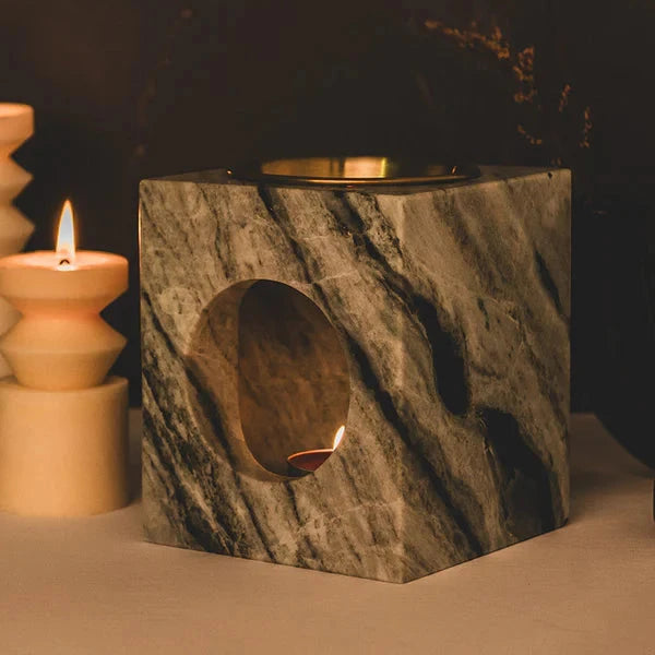 Aromatherapy Mika Tealight Oil Burner in Travertine - Jade Green