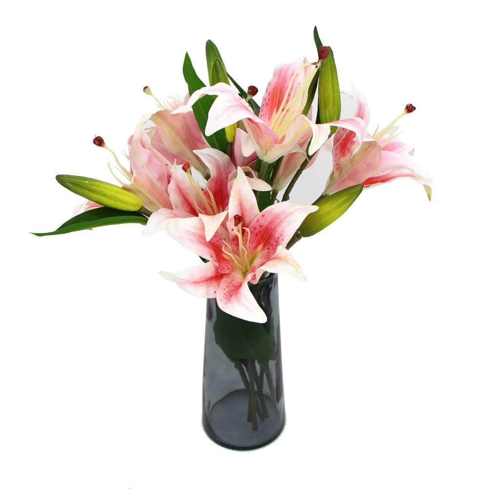 Artificial Faux Pink Lily In Glass Vase