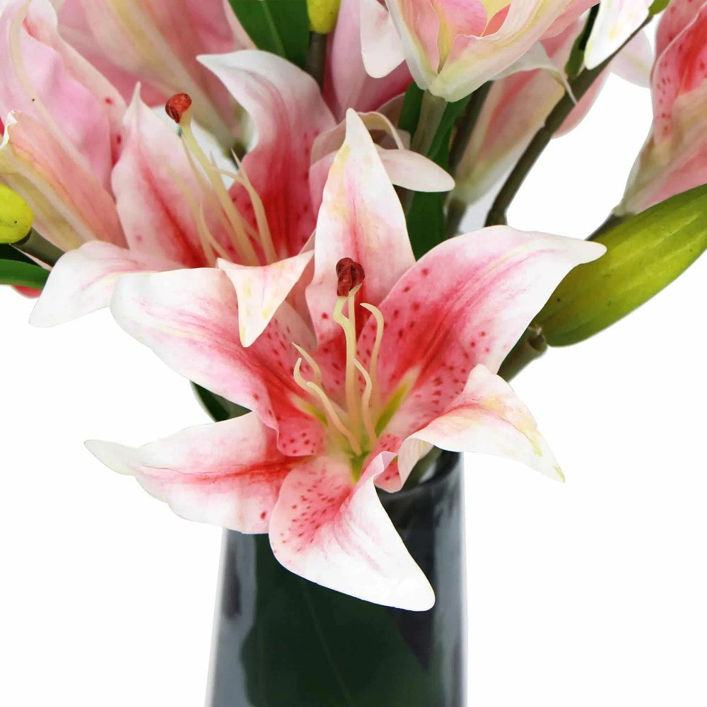 Artificial Faux Pink Lily In Glass Vase