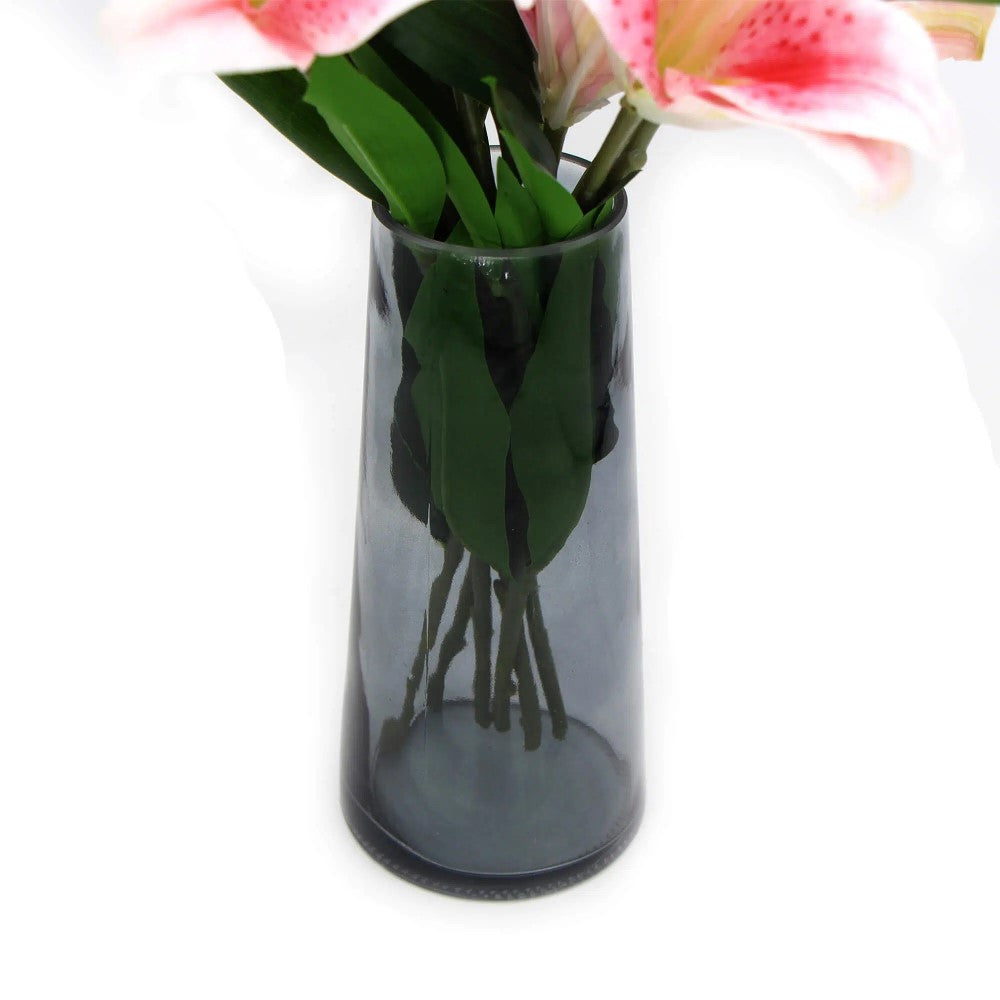 Artificial Faux Pink Lily In Glass Vase