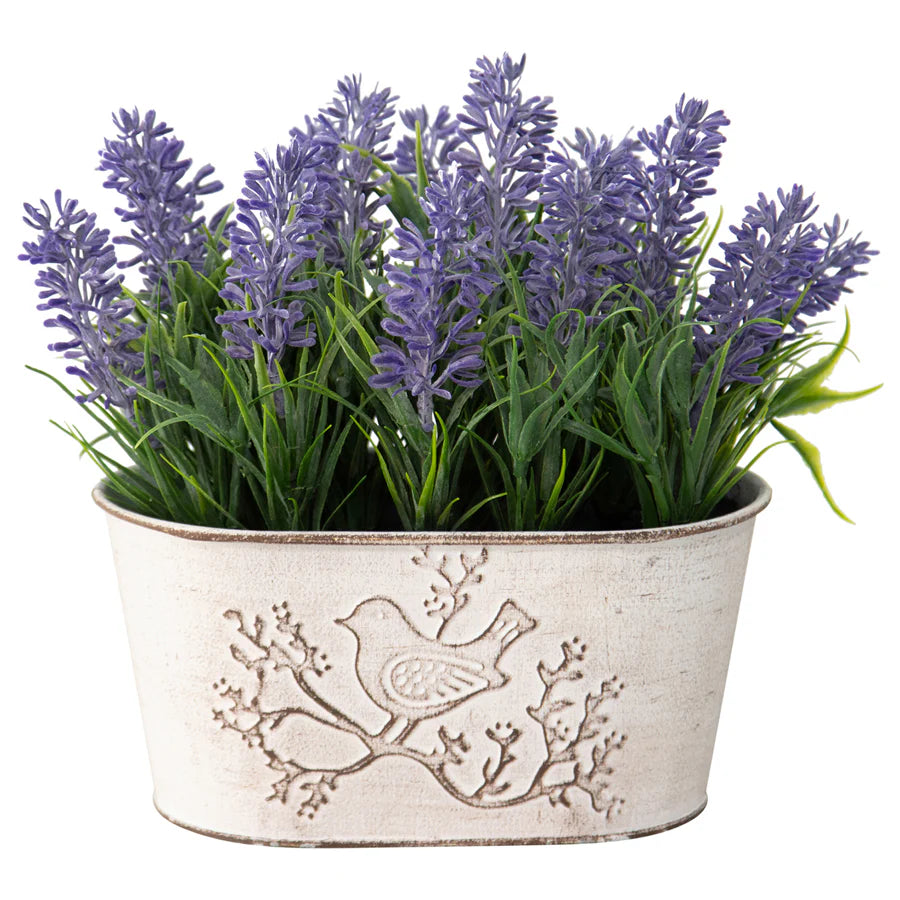 Artificial Lavender Plant in Oval Pot with Bird - 22x12x18cms