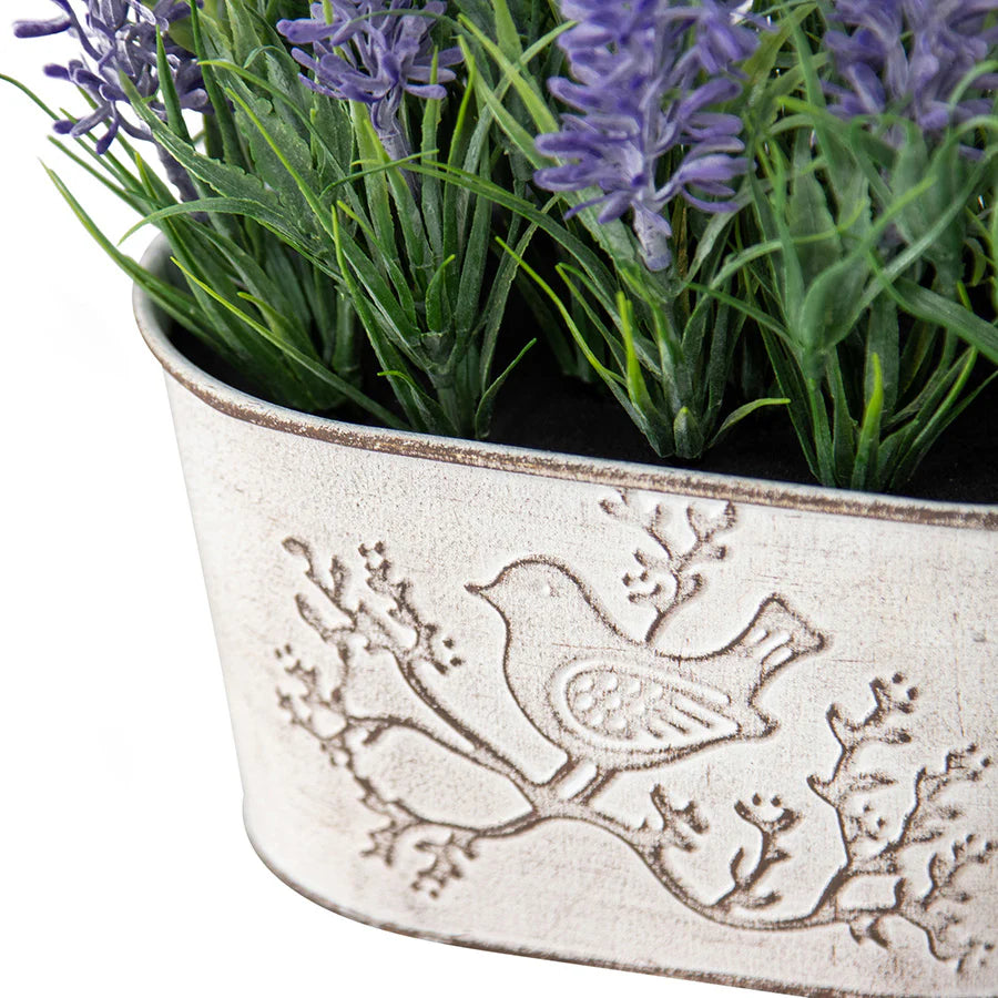 Artificial Lavender Plant in Oval Pot with Bird - 22x12x18cms