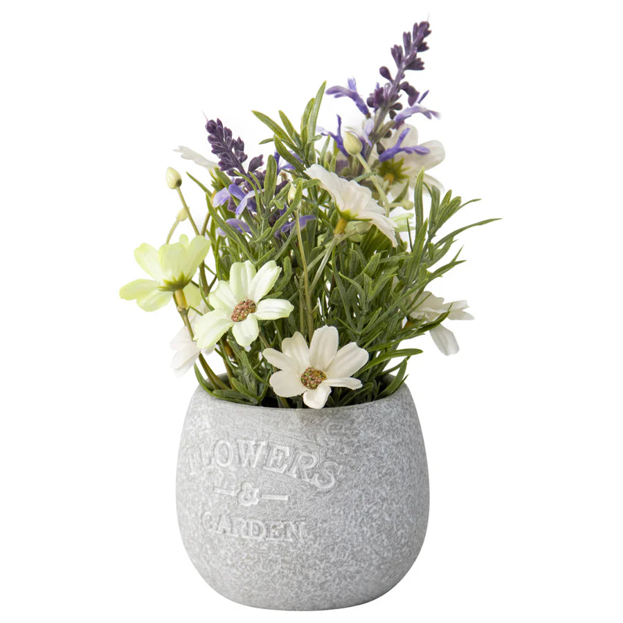 Artificial Lavender & Daisy Bunch in Grey Pot - 16x16x22cms