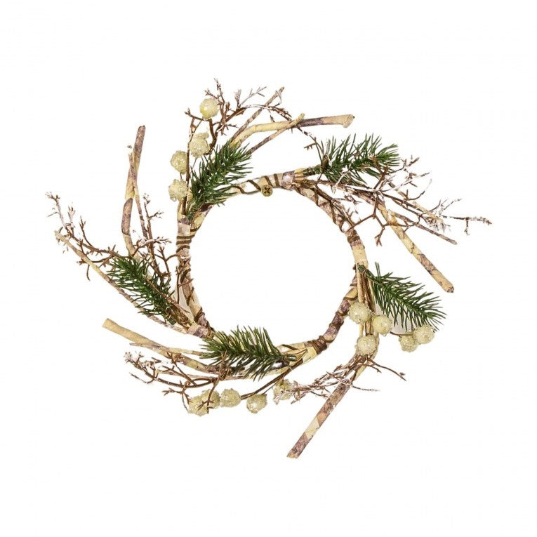 Artificial White Frosted Berry Paper Bark Candle Ring (Available in 2 sizes)