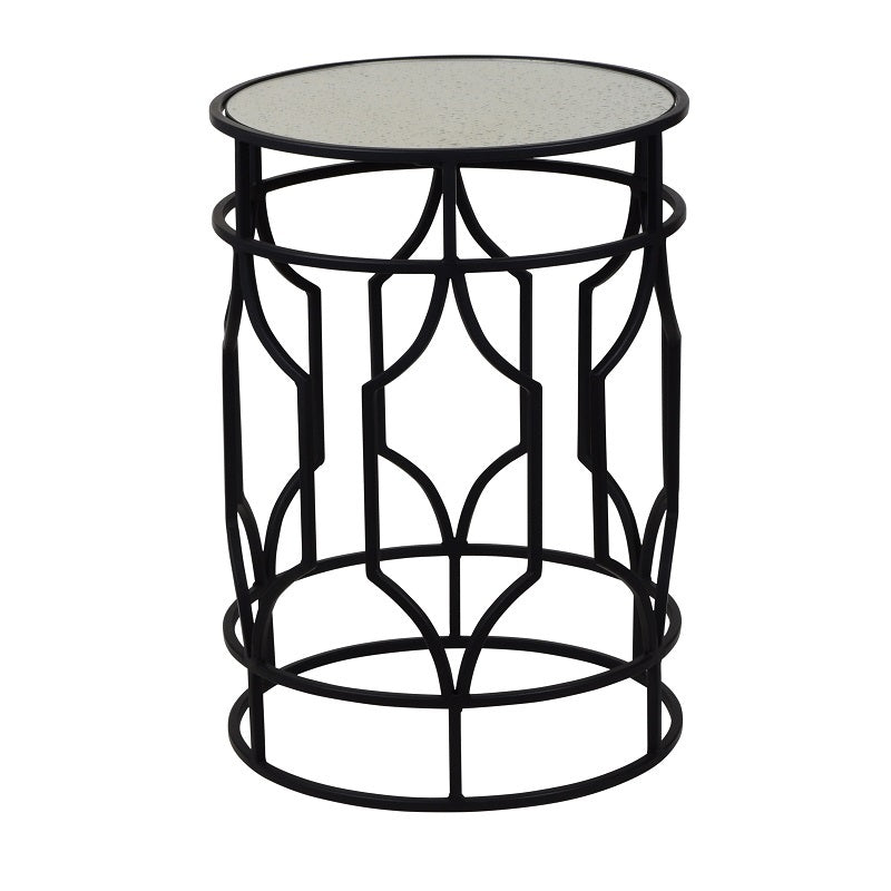 Artistic Grille Cylindrical Glass Top Side Table - Black