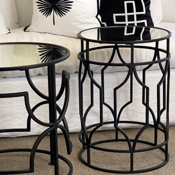 Artistic Grille Cylindrical Glass Top Side Table - Black