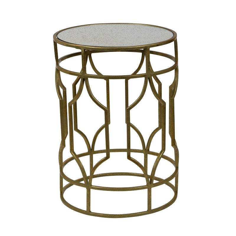 Artistic Grille Cylindrical Glass Top Side Table - Gold