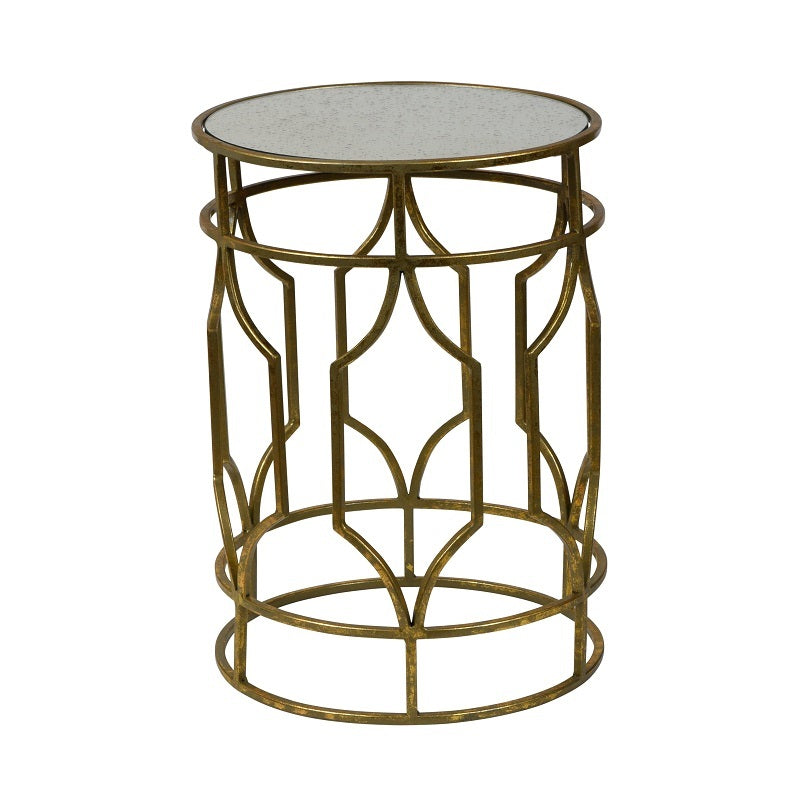 Artistic Grille Cylindrical Glass Top Side Table - Gold