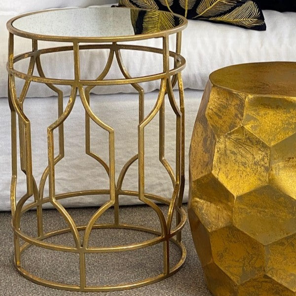 Artistic Grille Cylindrical Glass Top Side Table - Gold