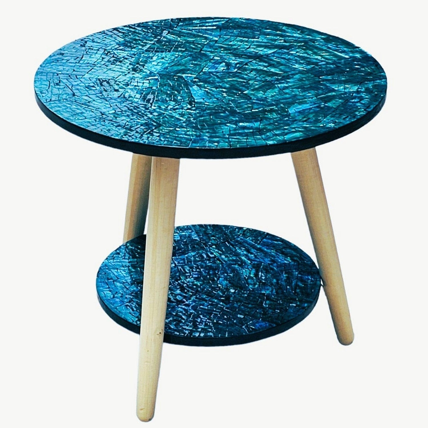 Azure Shell Inlay 2 Tier Side Table - Aquamarine