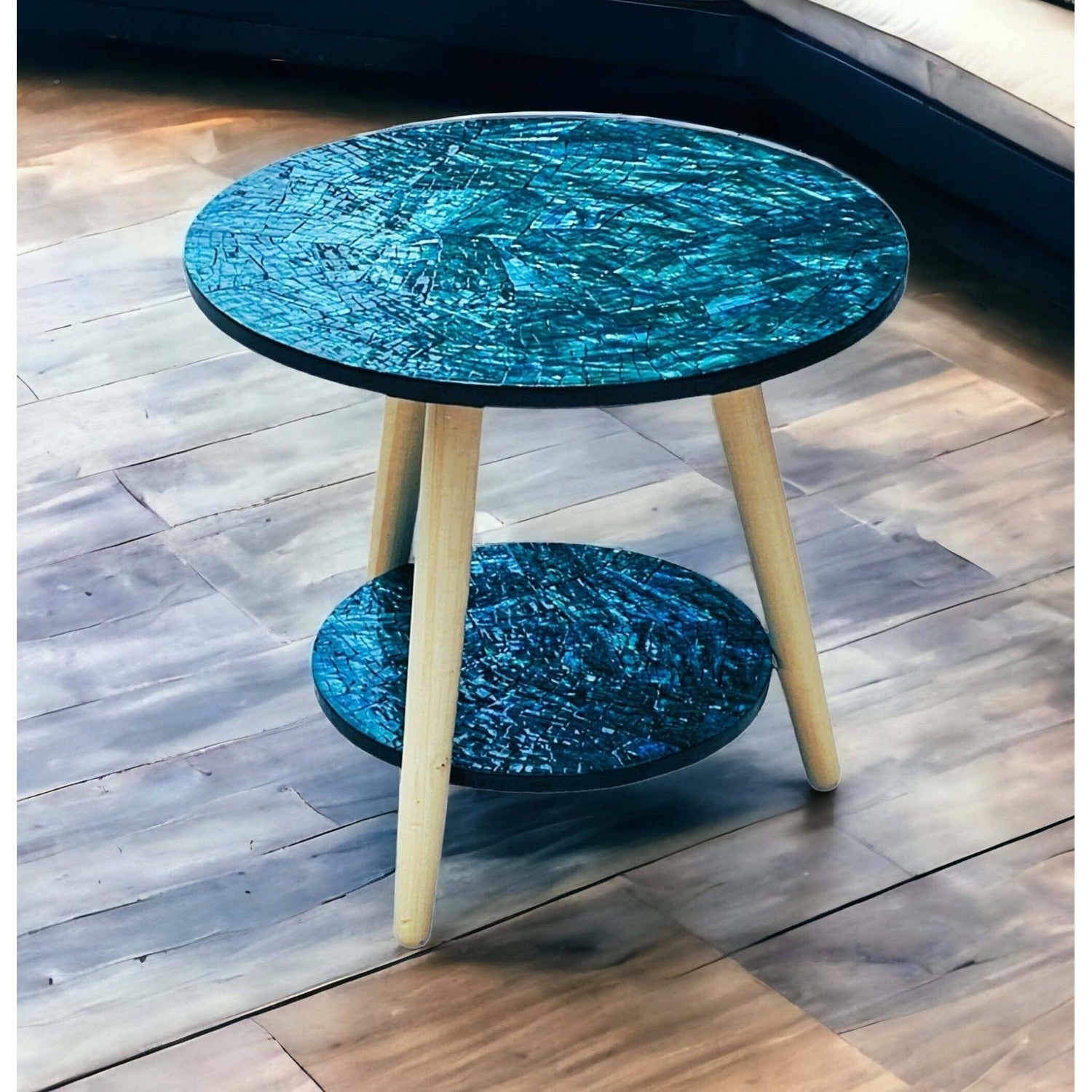 Azure Shell Inlay 2 Tier Side Table - Aquamarine