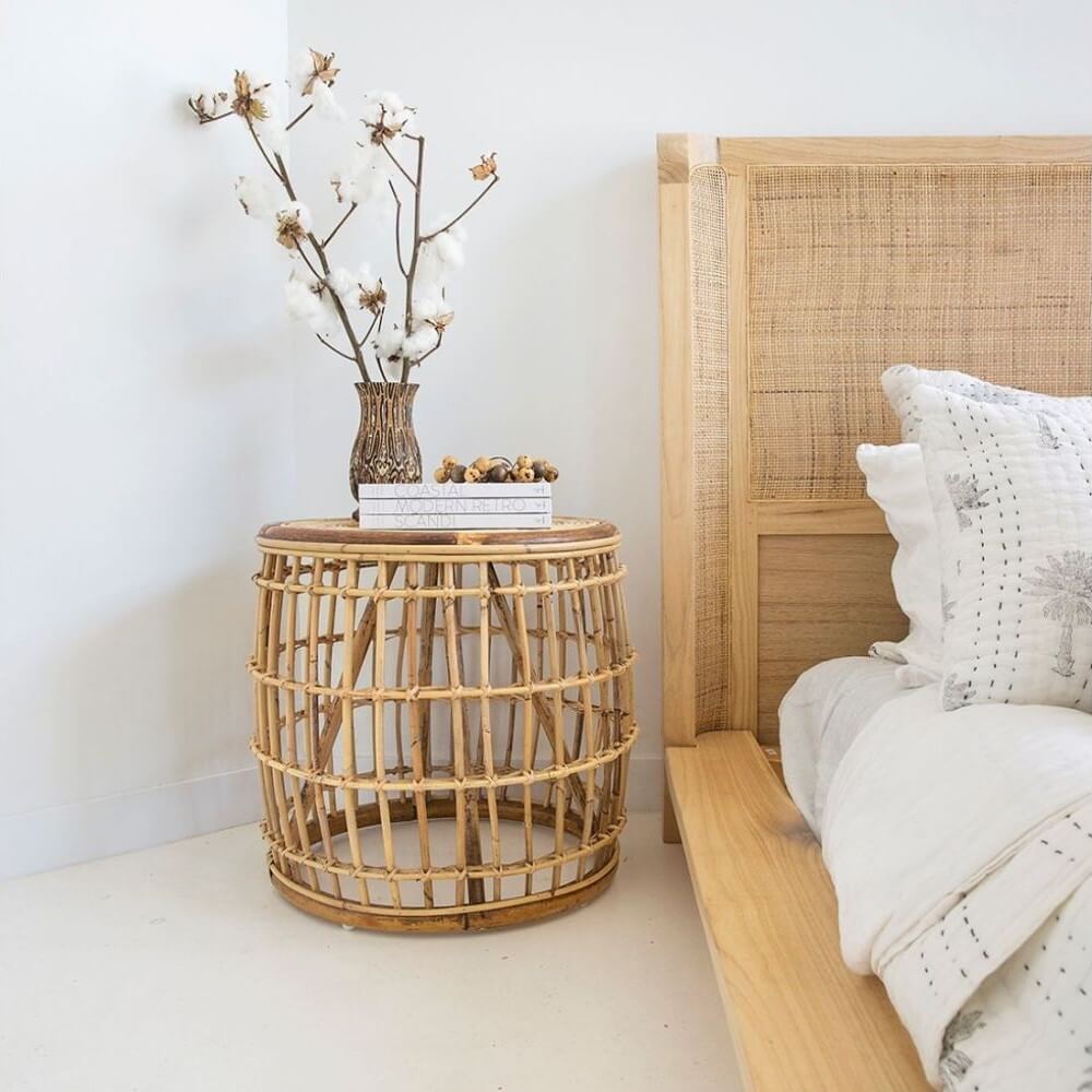 Barrel Style Rattan Natural Finish Bedside Table