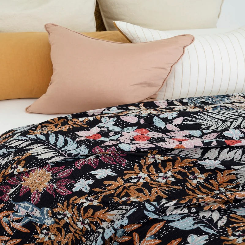 Beautiful Petals in Black Cotton Bedspread