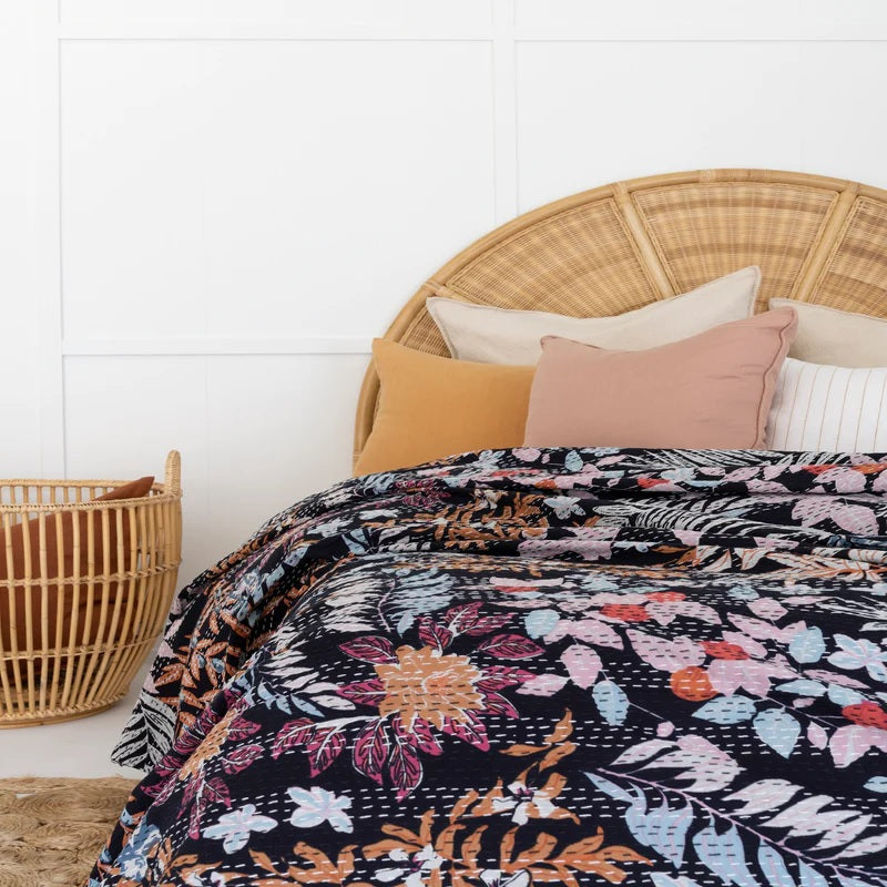 Beautiful Petals in Black Cotton Bedspread