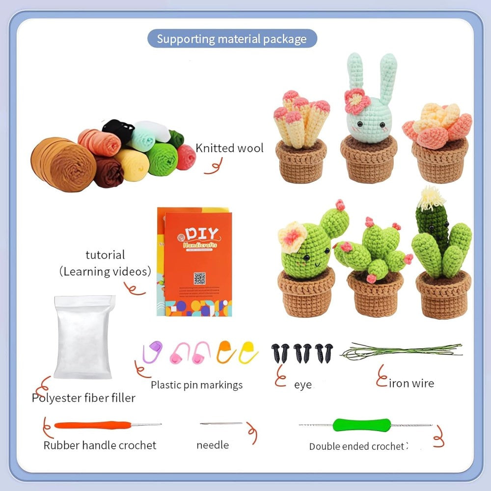 6 Pcs Beginners Potted Cactus Crochet DIY Kit