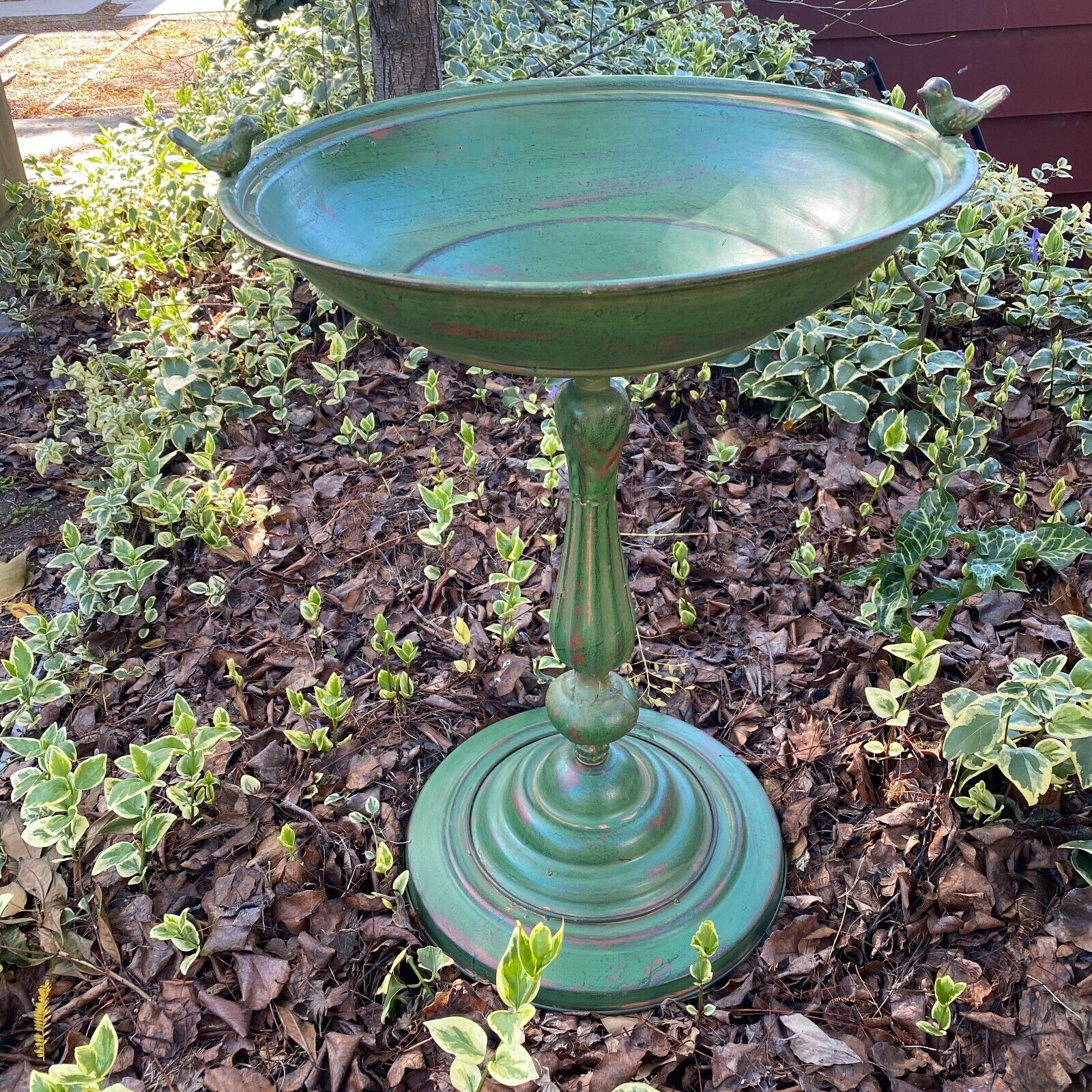 Bird Bath Large Garden Stand Display - Antique Rustic Green