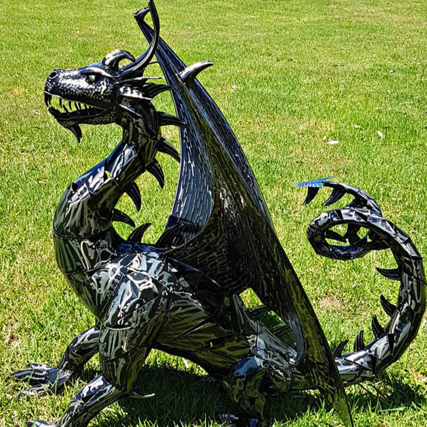 Black Glossy Metal Huge Dragon 120cms