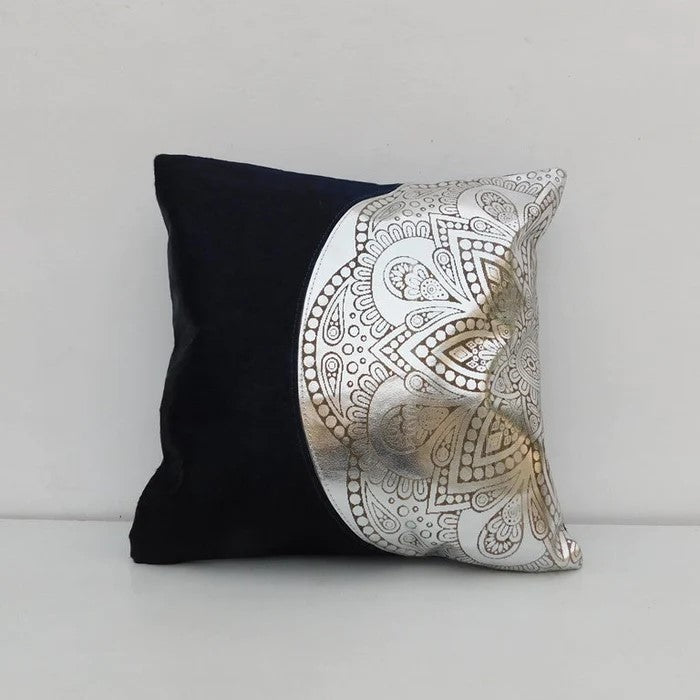 Black Silver Rangoli Pattern Cowhide Cushion Cover 40 x 40cms