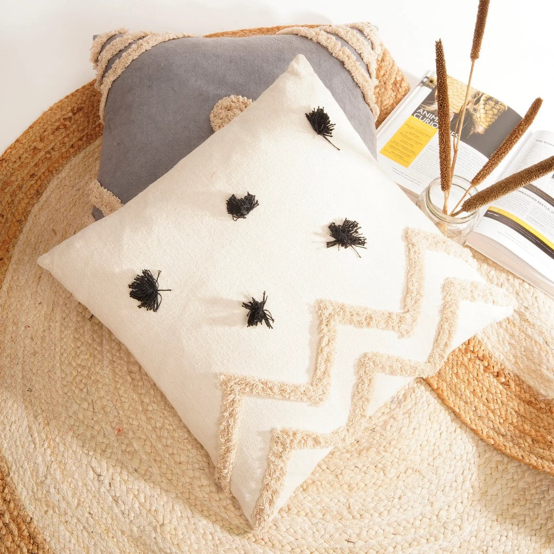 Black Tasseled White Cotton Cushion Cover 50 x 50cms