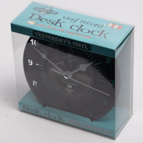 Black Vinyl Desk Clock with Stand - Retro Timepiece - 18cms