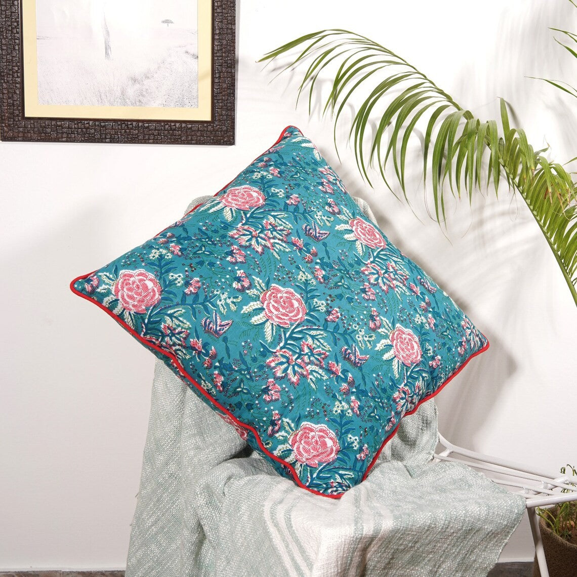 Blue Blossom Cotton Cushion Cover 50 x 50cms