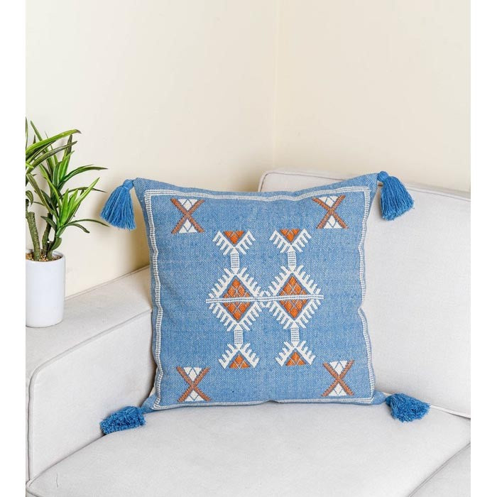 Blue Embroidered Cotton Cushion Cover 50 x 50cms