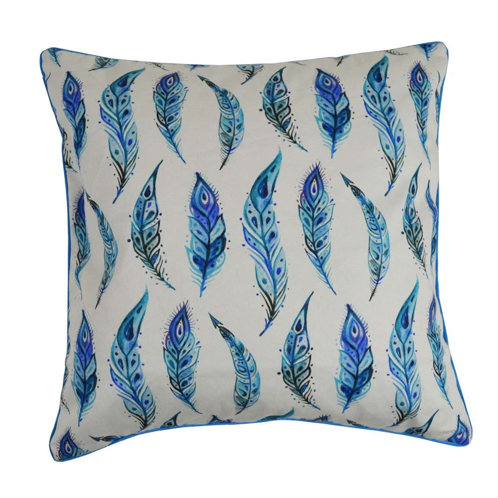 Blue Feathers Pattern Cushion With Recycled Fill 45 X 45cms