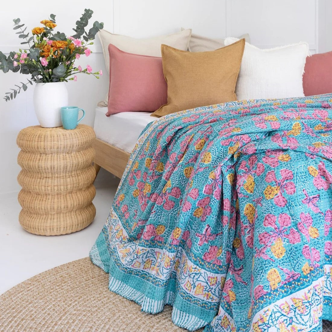 Blue Floral Design Hand Stitched Cotton Bedspread King Size