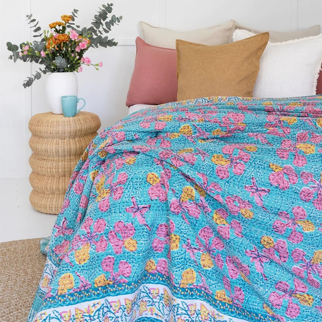 Blue Floral Design Hand Stitched Cotton Bedspread King Size