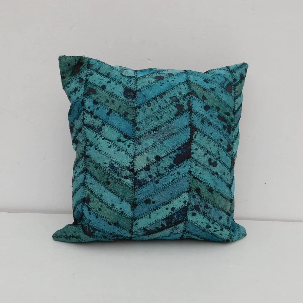 Blue Handmade Cowhide  Patched Cushion Cover 40 x 40cms