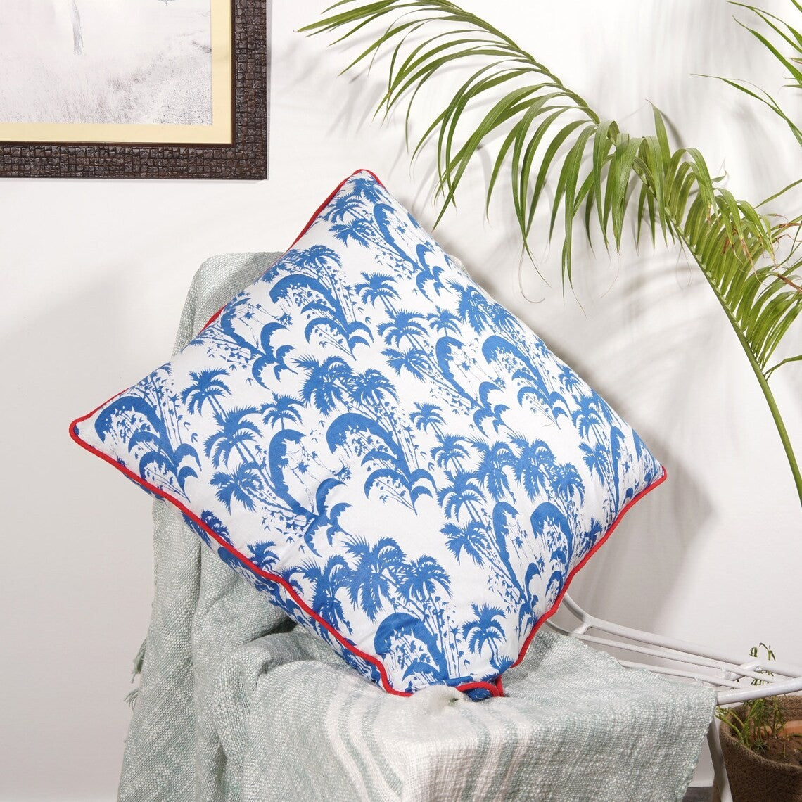 Blue Tropical Palm Cotton Cushion Cover 50 x 50cms