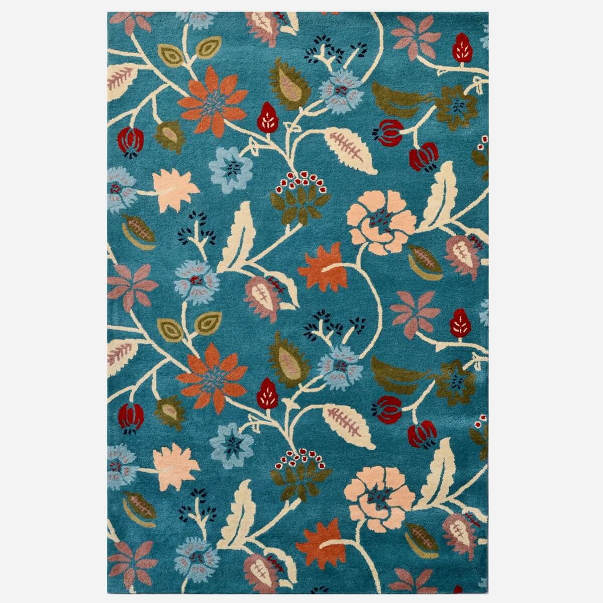 Botanical Handmade Woolen Rug - Teal Blue (Available in 3 Sizes)