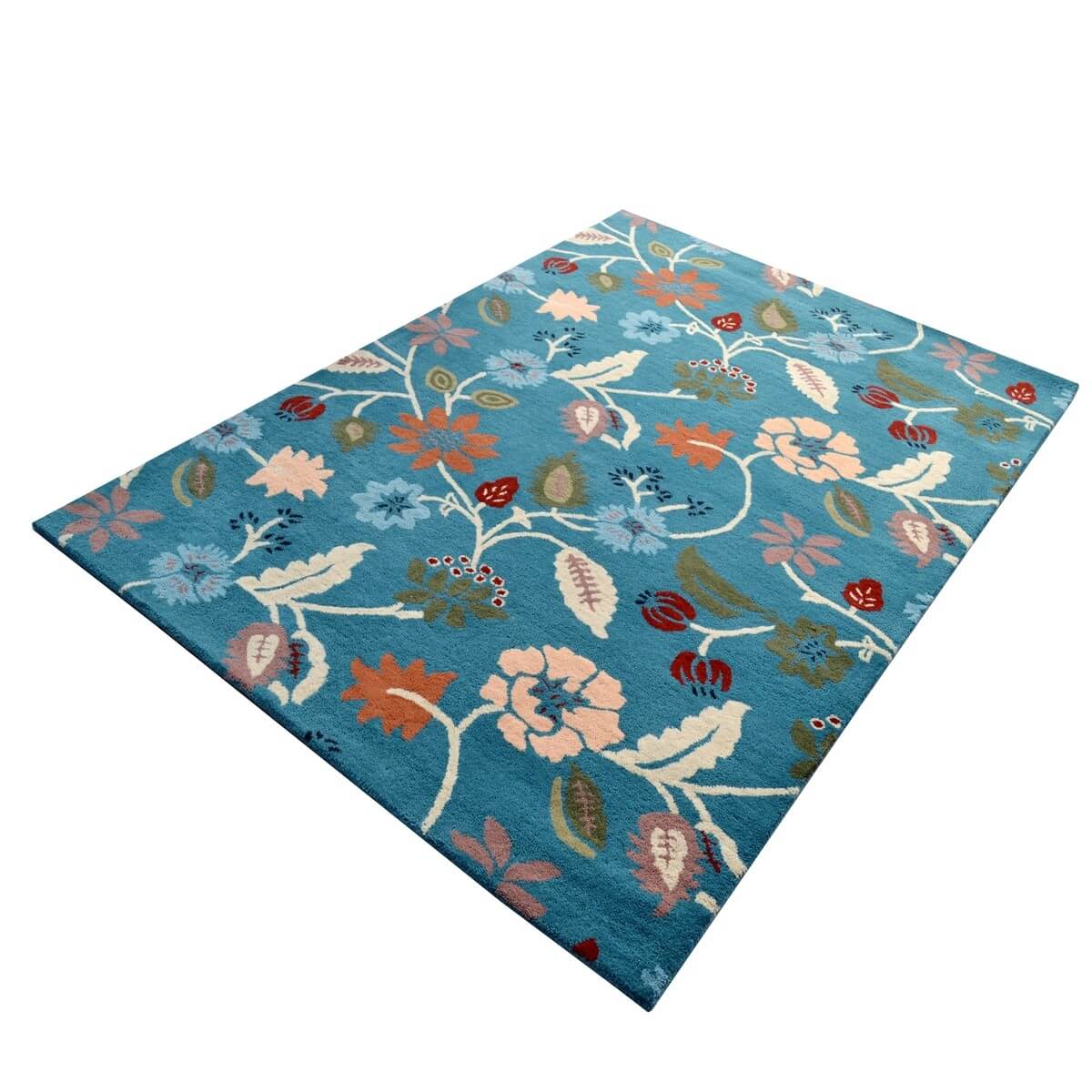 Botanical Handmade Woolen Rug - Teal Blue (Available in 3 Sizes)