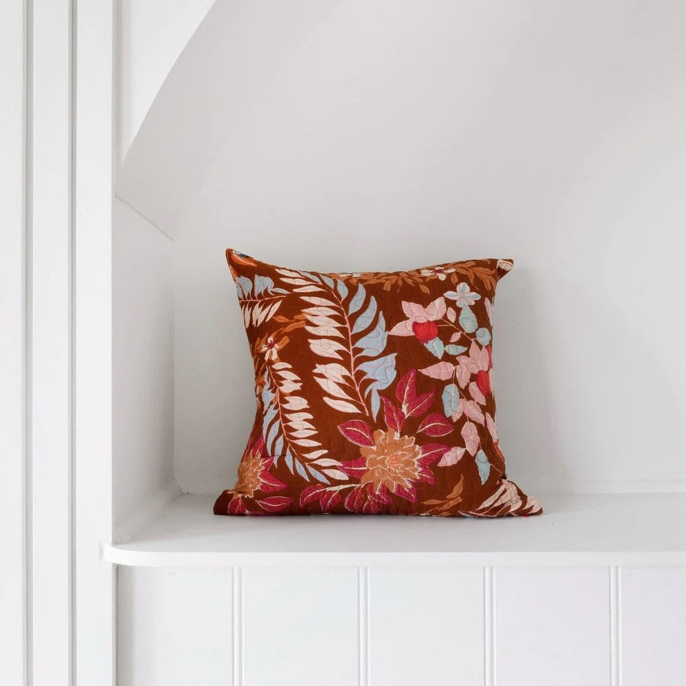 Brown Floral Decorative Quilted Cushion Cover 50 x 50cms