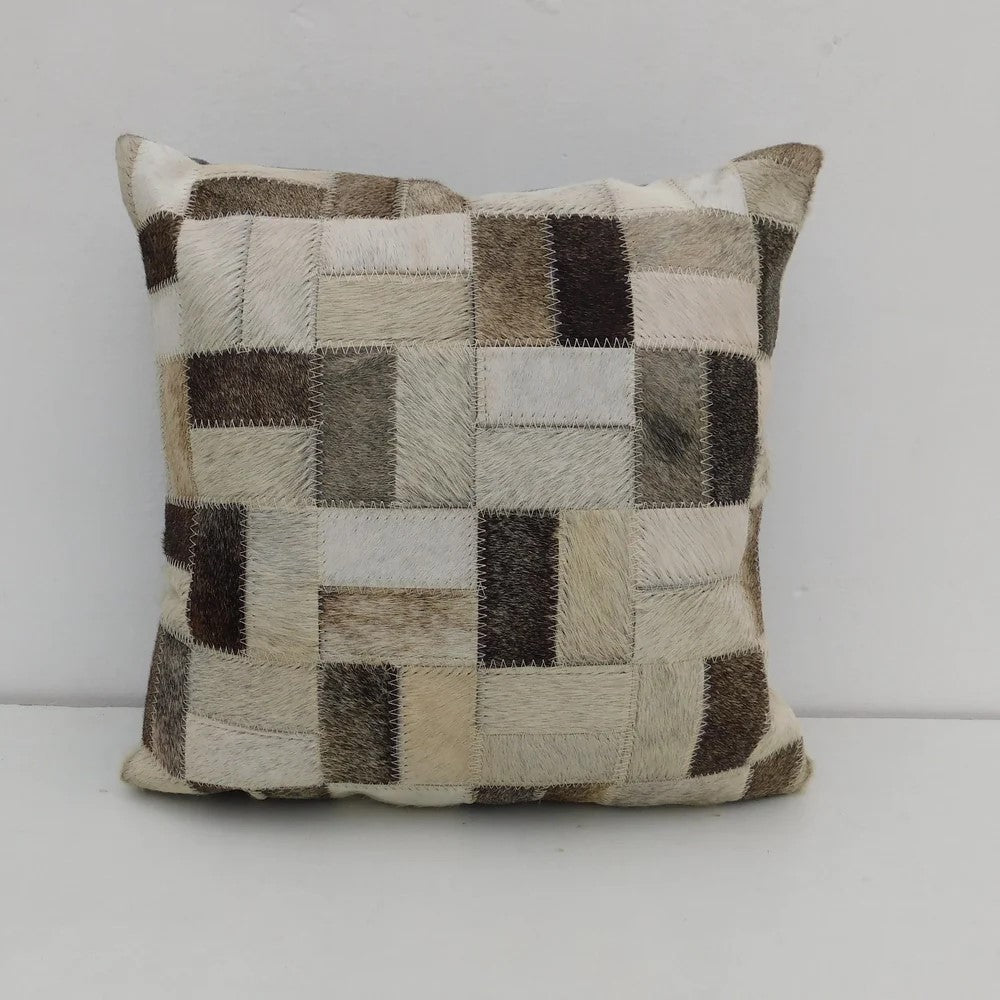 Brown Fur Patched Cowhide Cushion Cover 40 x 40cms