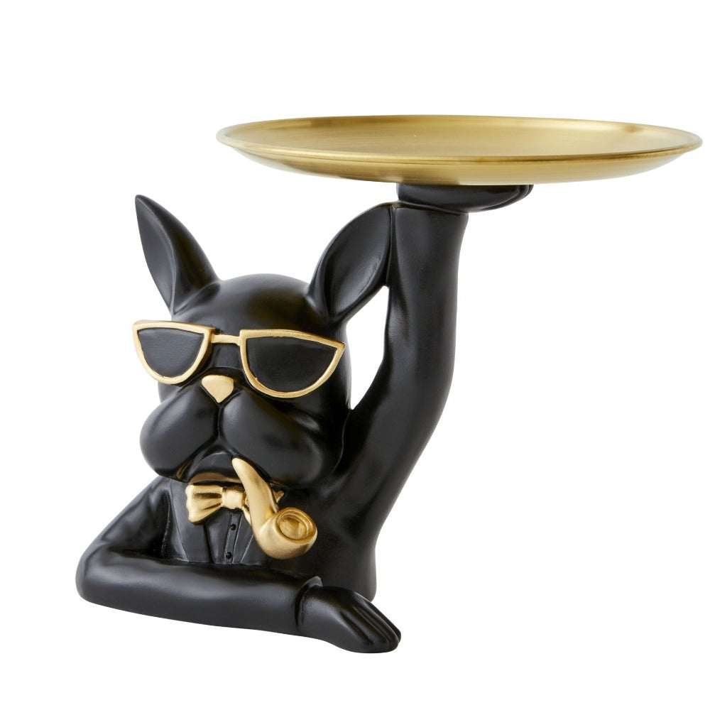 Bulldog W/ Pipe Designer Trinket Tray - Black & Gold