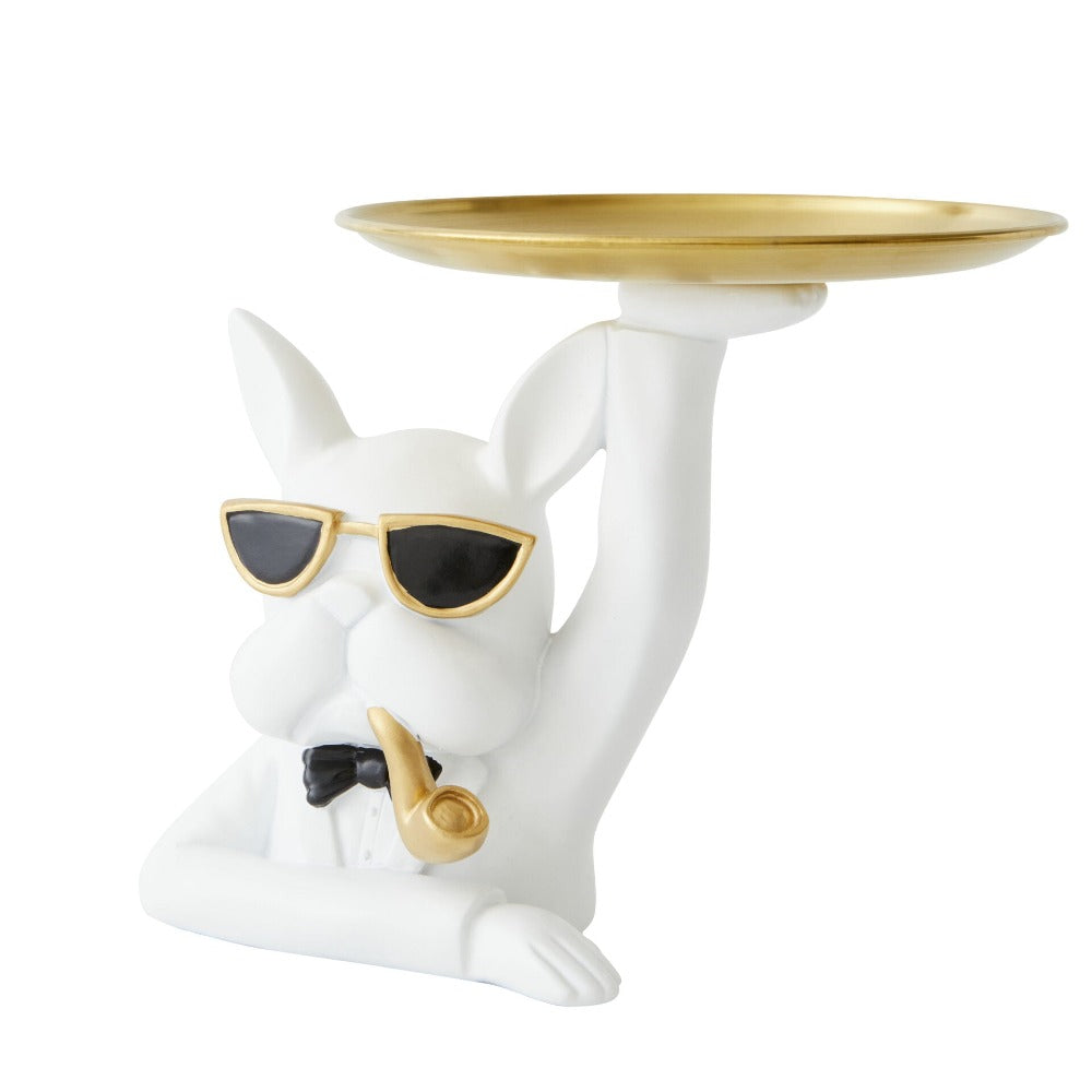 Bulldog W/ Pipe Designer Trinket Tray - White & Gold