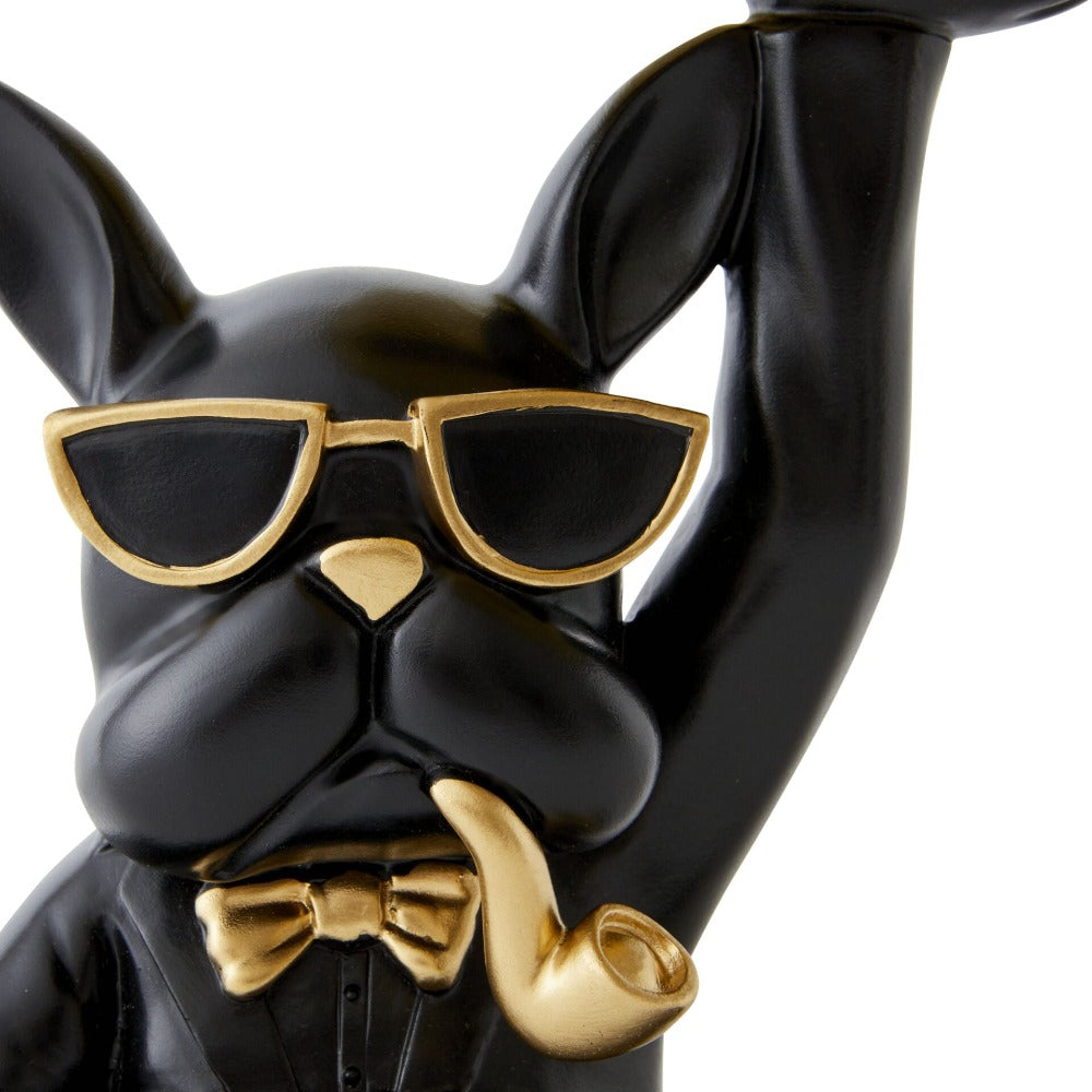 Bulldog W/ Pipe Designer Trinket Tray - Black & Gold