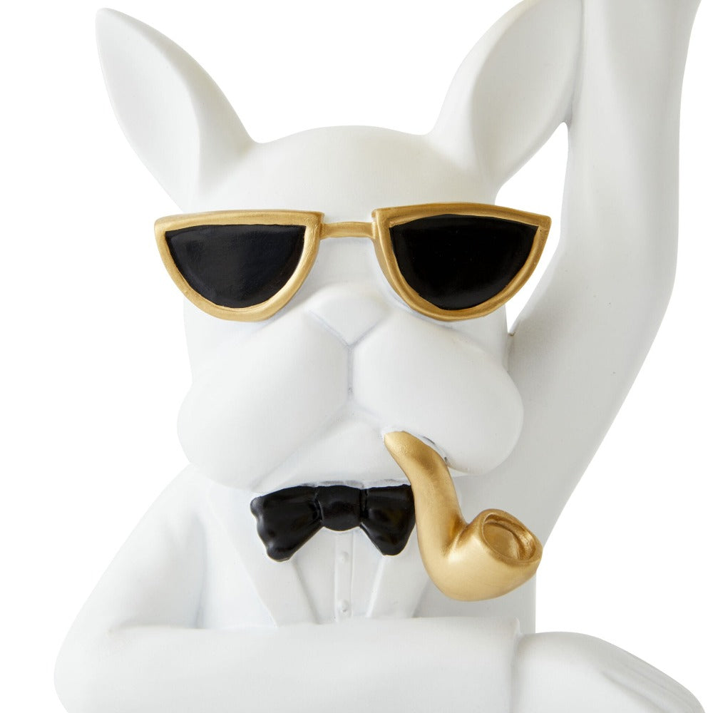 Bulldog W/ Pipe Designer Trinket Tray - White & Gold