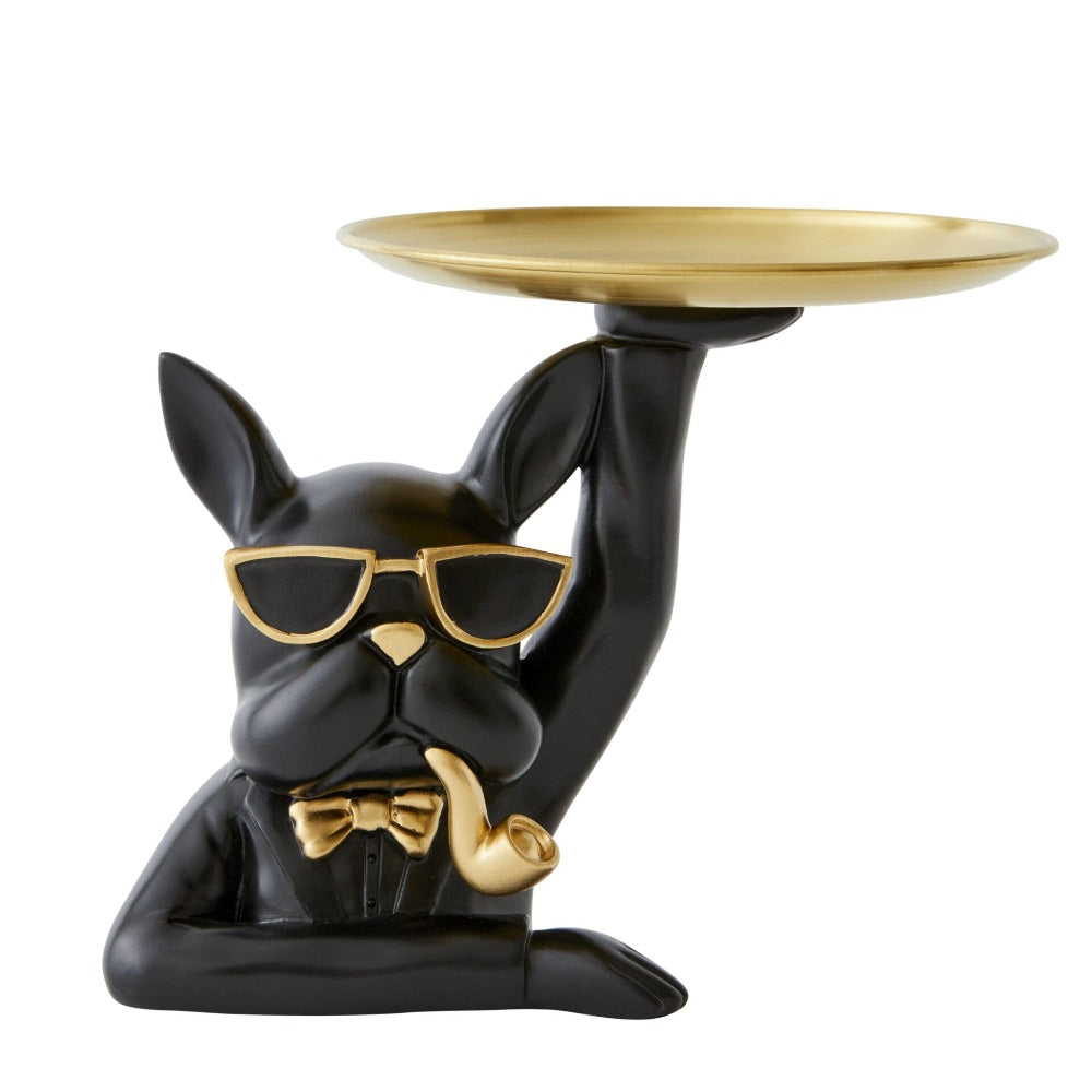 Bulldog W/ Pipe Designer Trinket Tray - Black & Gold