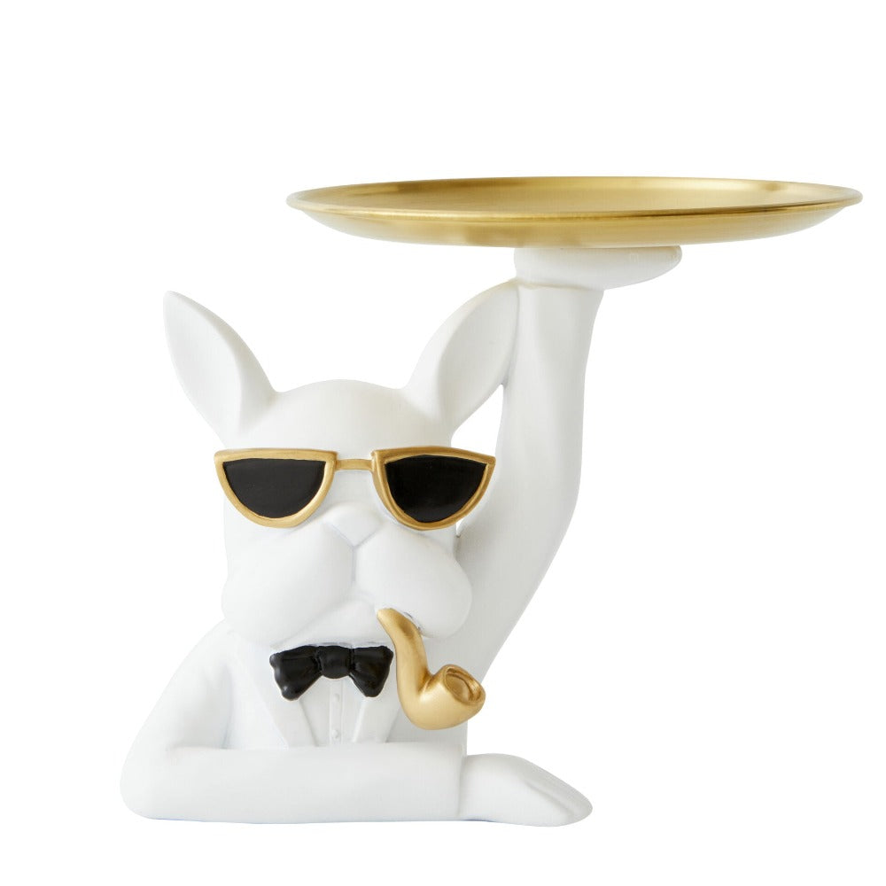 Bulldog W/ Pipe Designer Trinket Tray - White & Gold