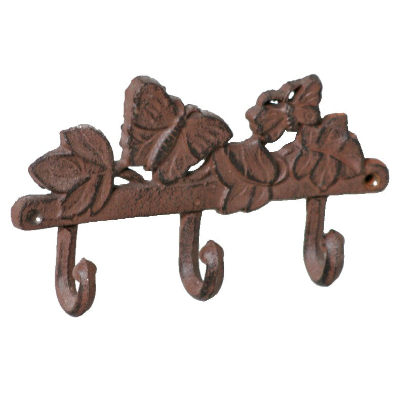 Butterfly 3 Hooks Cast Iron Wall Hanging - Antique Rust