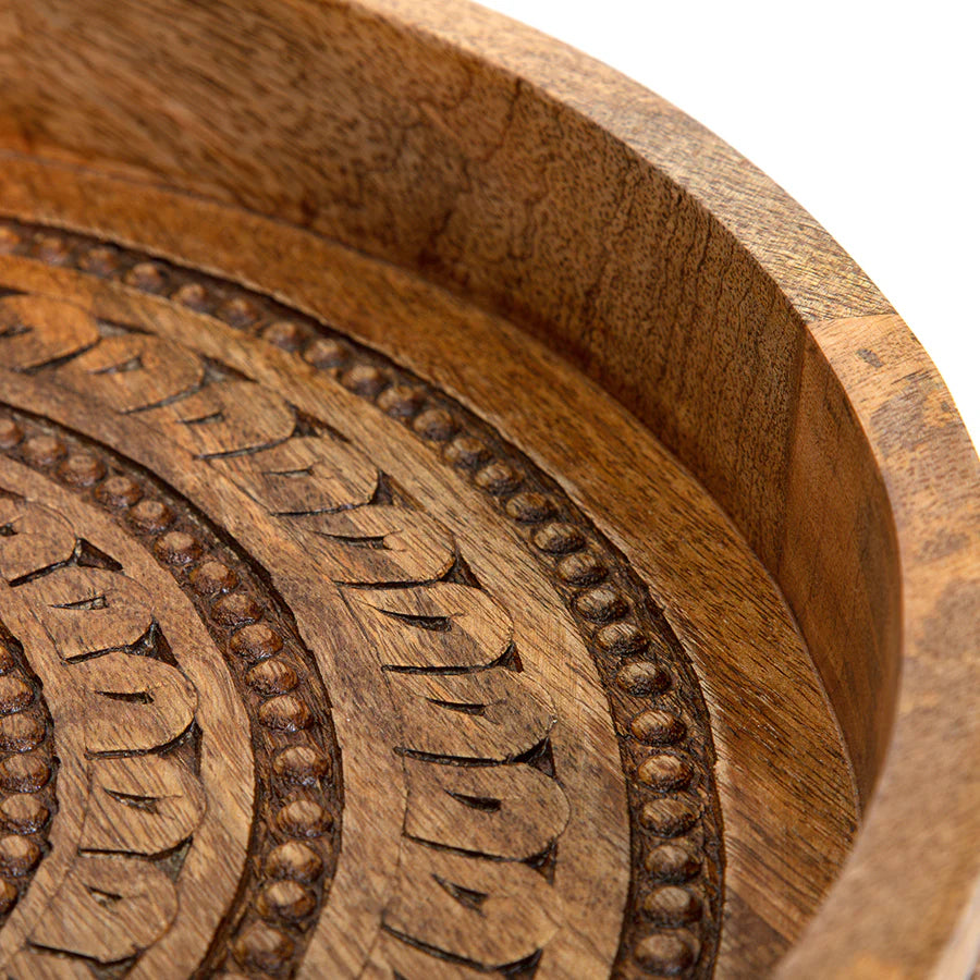 Carved Mango Wood Round Mandala Tray - 40x5cms