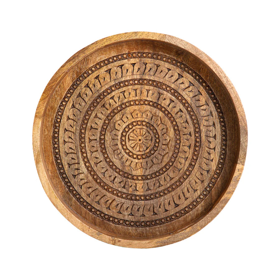 Carved Mango Wood Round Mandala Tray - 40x5cms